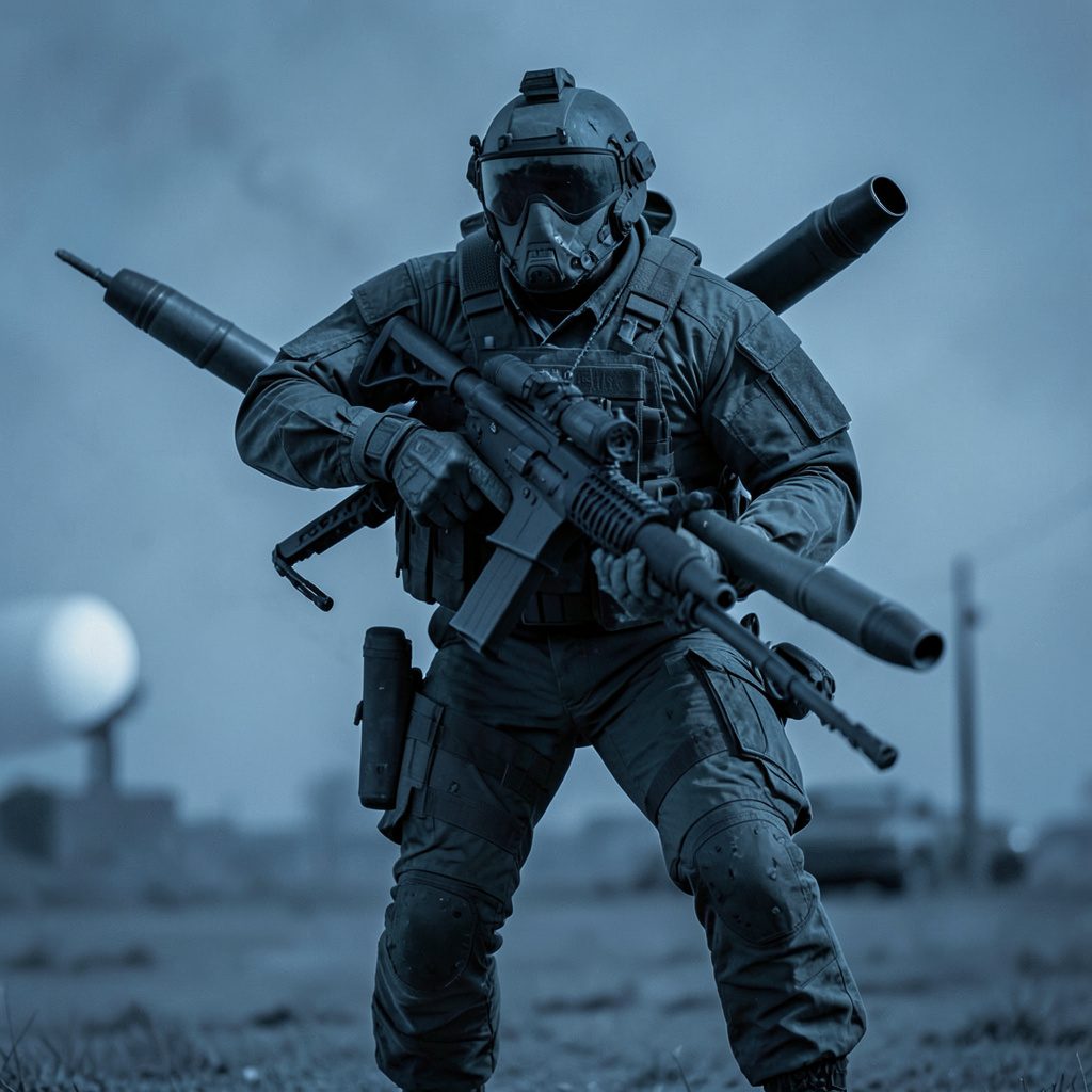 A military-style drone armed with missiles against a dark, moody sky, rendered in a stark duotone of deep navy and warm amber.